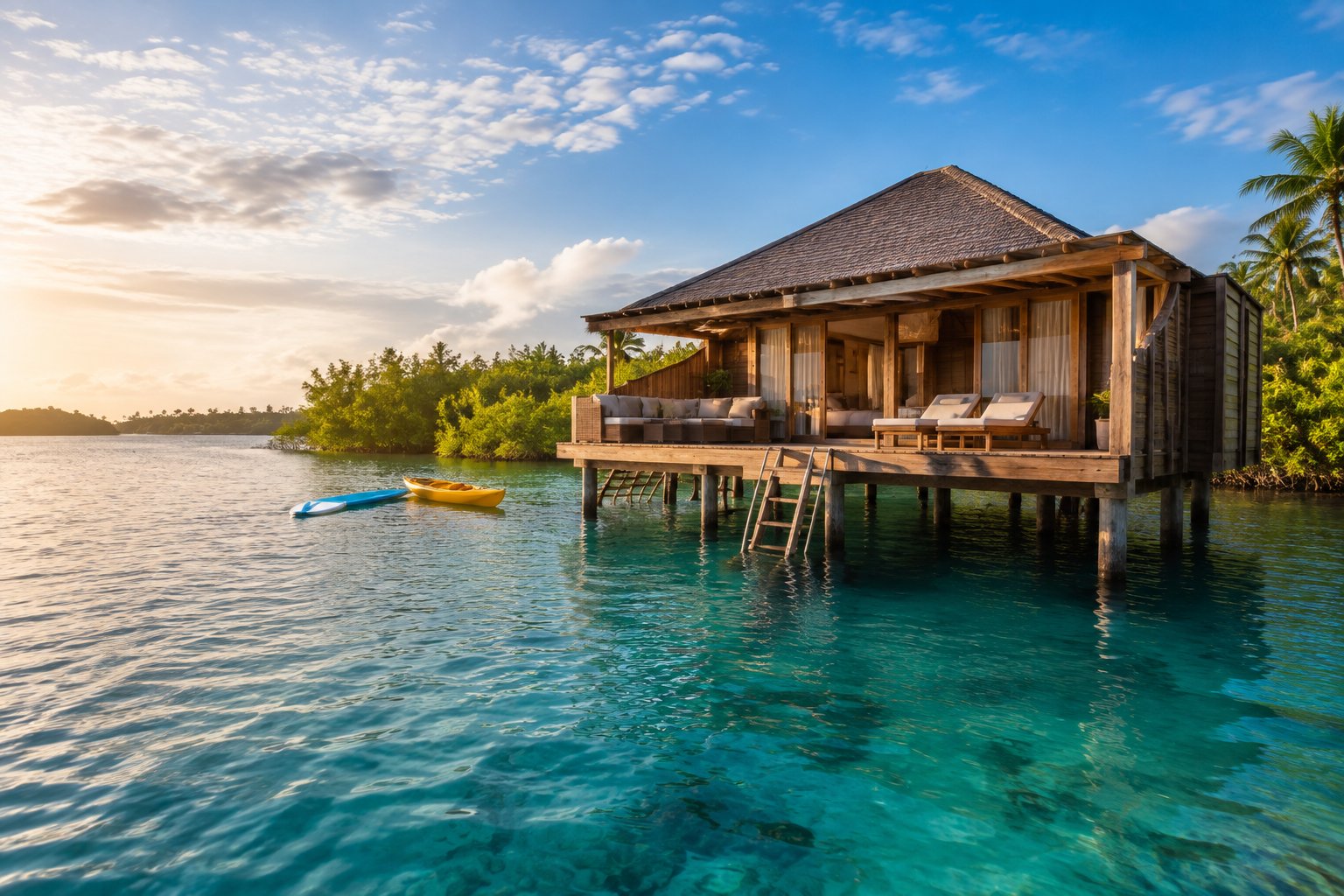 A tropical overwater bungalow surrounded by clear Caribbean water and lush greenery in Bocas del Toro.