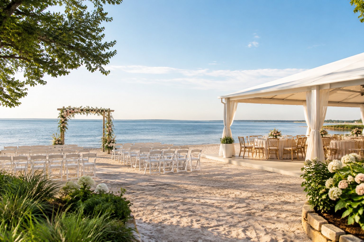 An elegant outdoor wedding ceremony and reception setup on a sandy beach beside calm blue water.