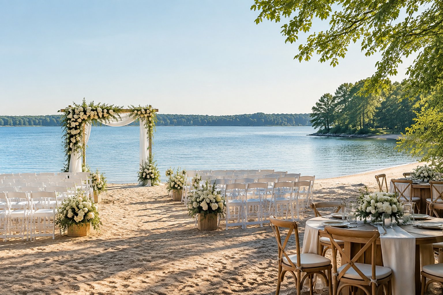 Elegant wedding ceremony setup on a sandy lakeside beach with a floral arbor, white chairs, trees, and calm blue water.