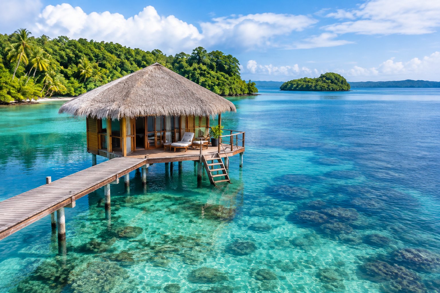 An overwater bungalow on a wooden walkway surrounded by turquoise Caribbean water and lush tropical islands.