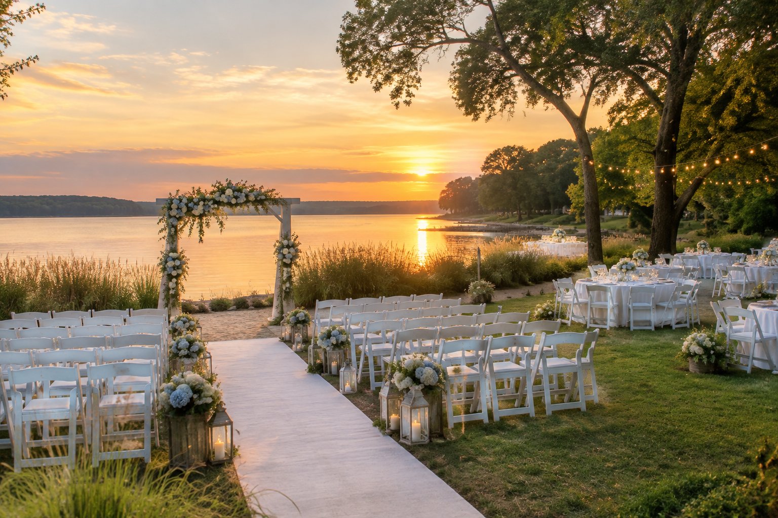 An elegant lakeside wedding ceremony setup with white chairs, floral decorations, and reception tables beside calm water.