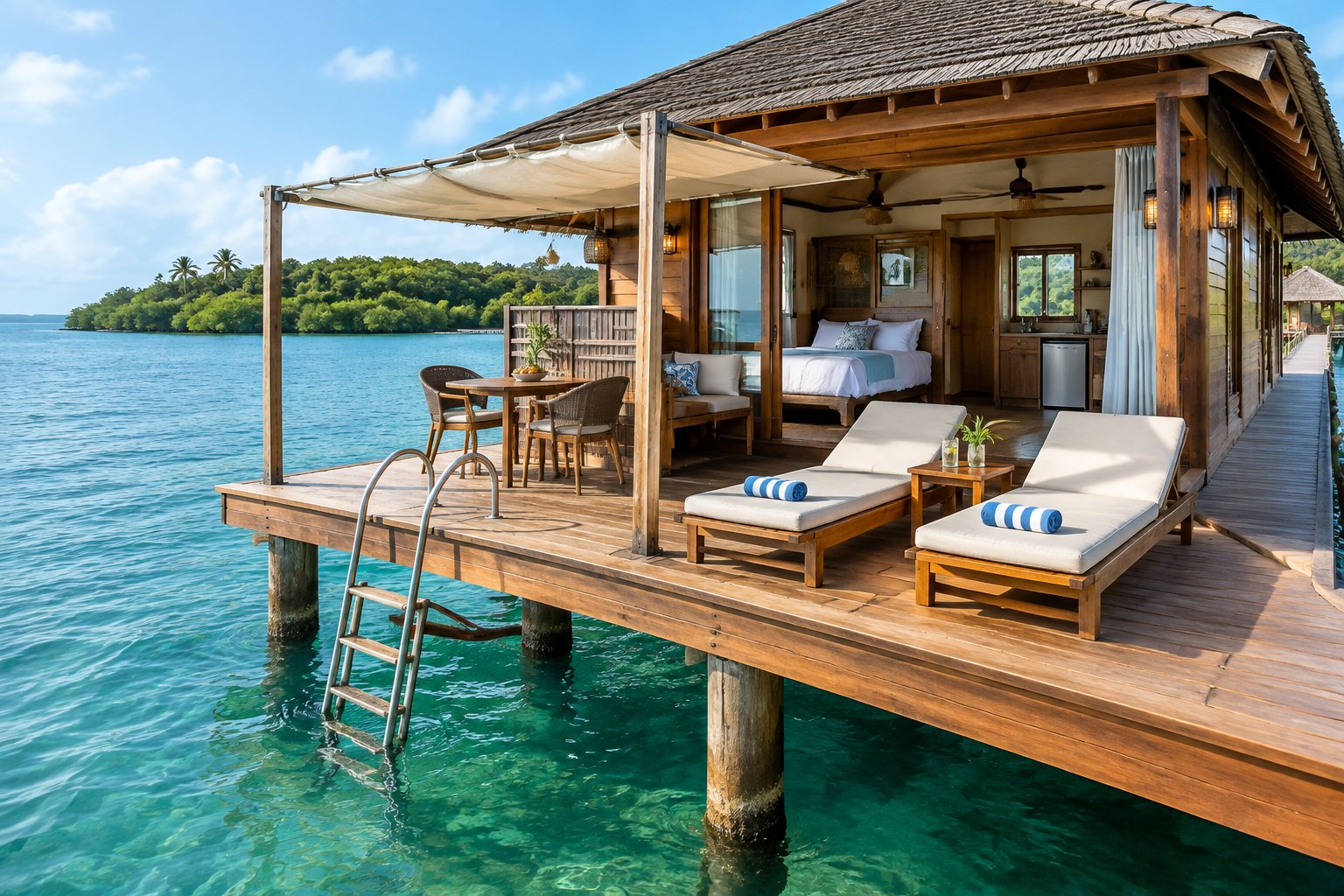 An overwater bungalow with a furnished deck, ladder into turquoise water, and tropical islands in the distance.