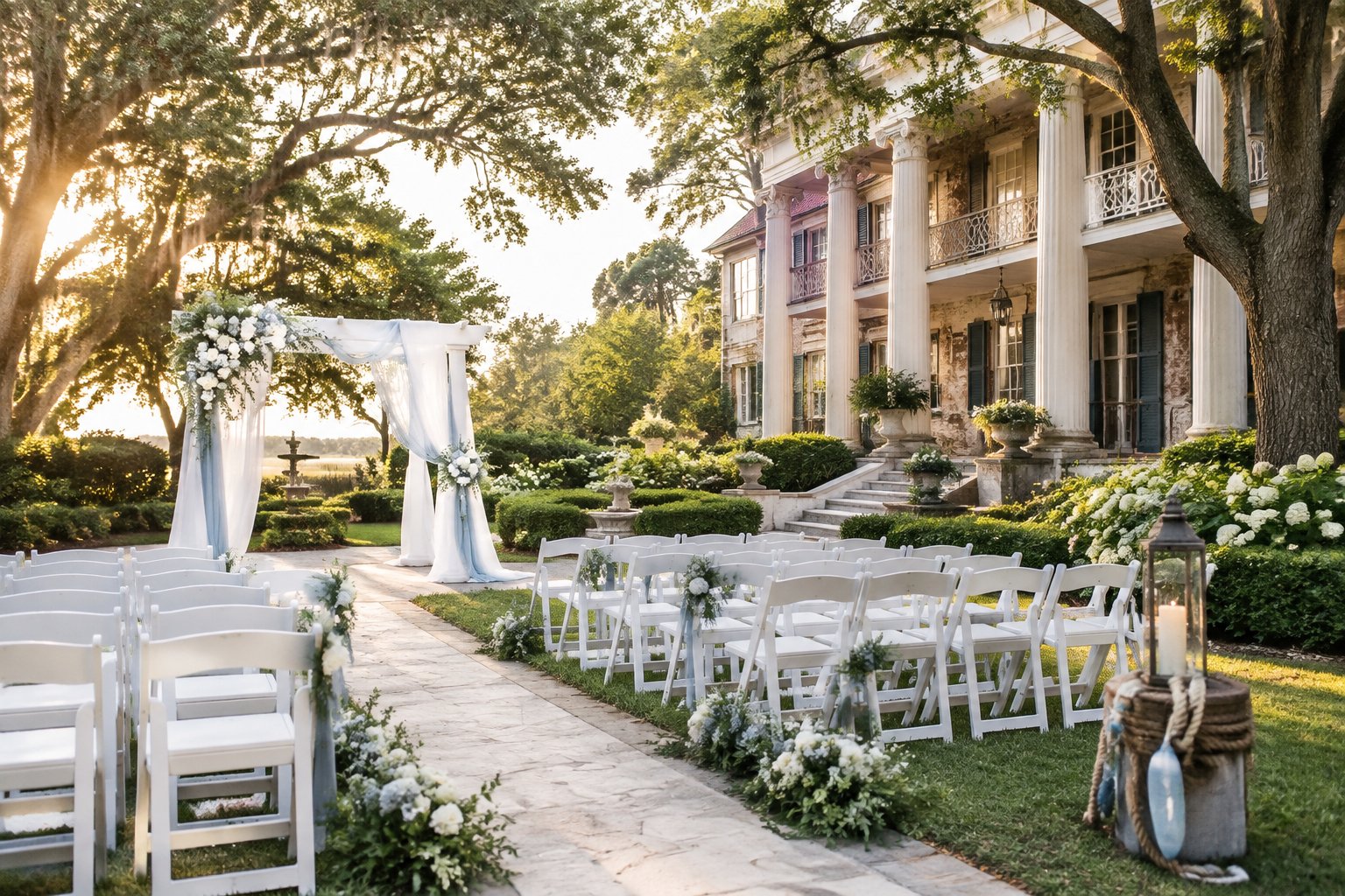 An elegant outdoor wedding ceremony set in a historic garden beside a stately Southern estate.