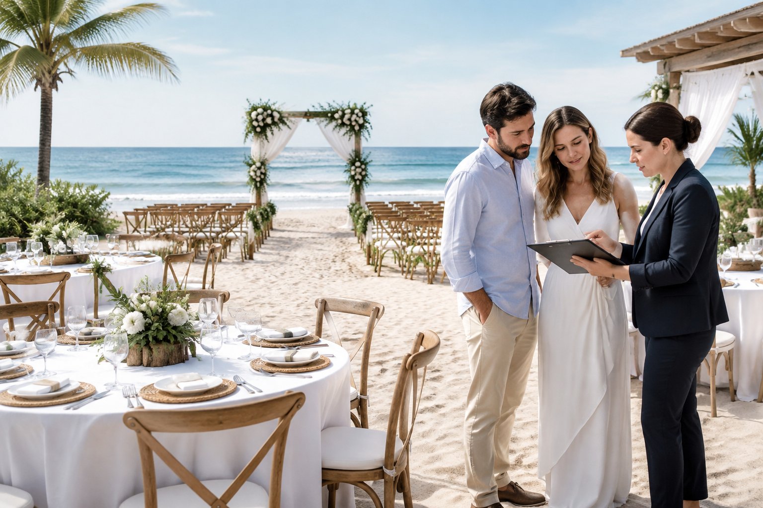 A couple and wedding planner review a seating plan at a modest beachfront wedding venue.