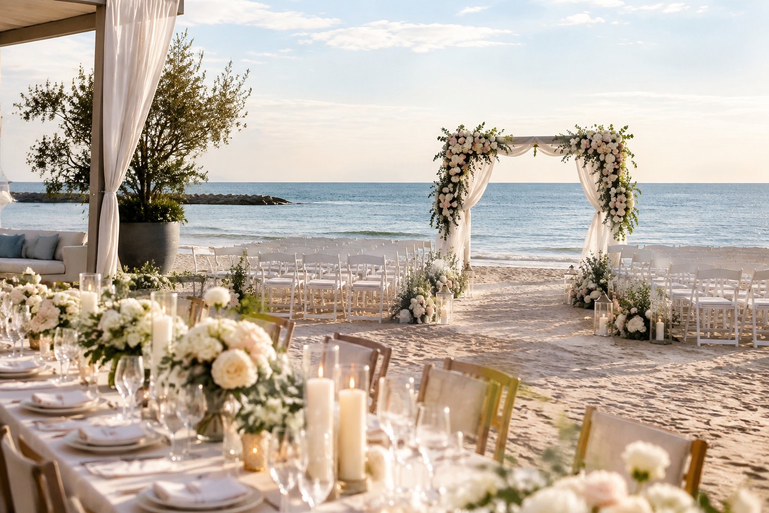 An elegant beach wedding ceremony and reception setup with white chairs, floral decorations, and a decorated table beside calm blue water.