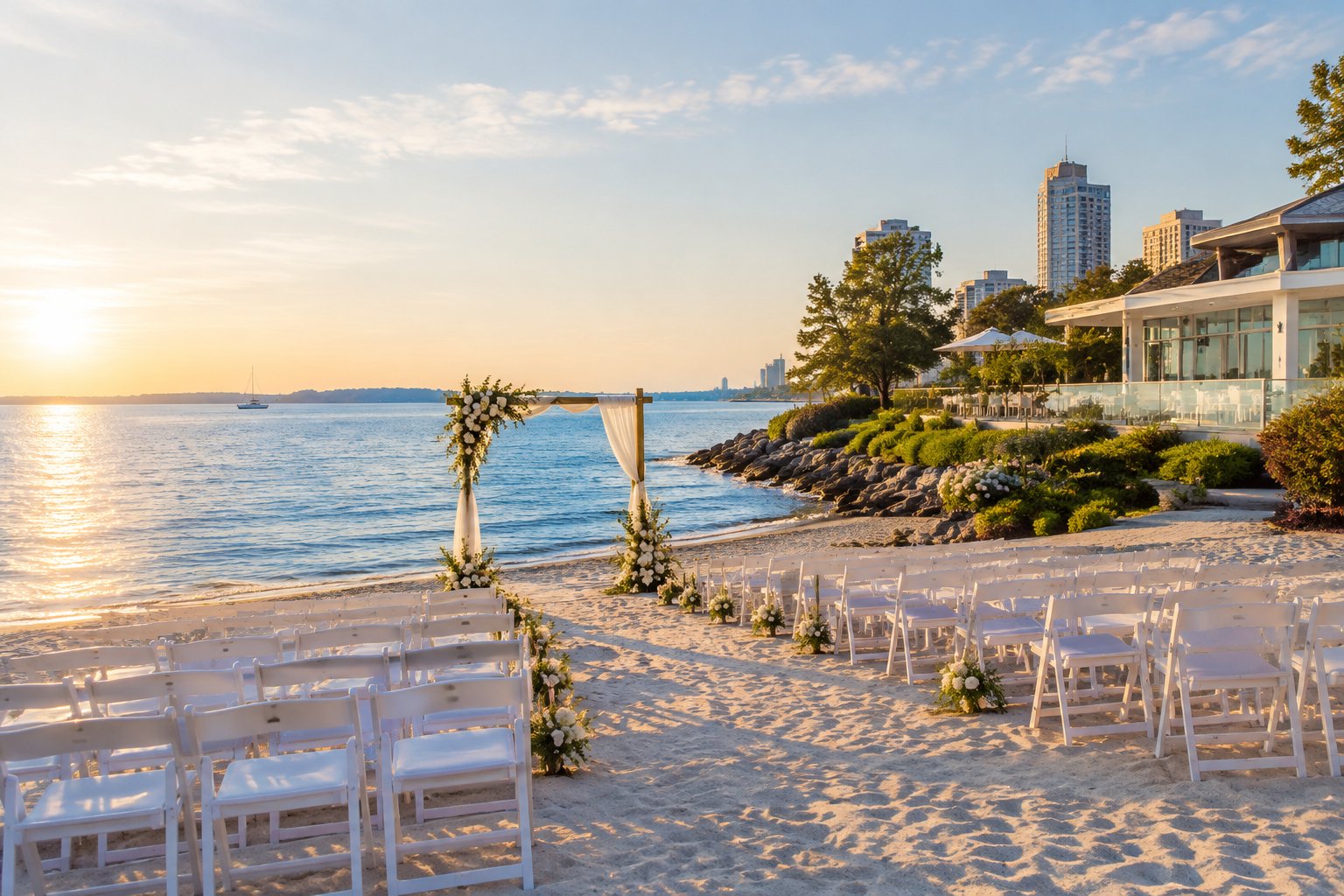 Elegant beach wedding setup beside calm waterfront with white chairs, floral arch, and a nearby upscale venue.