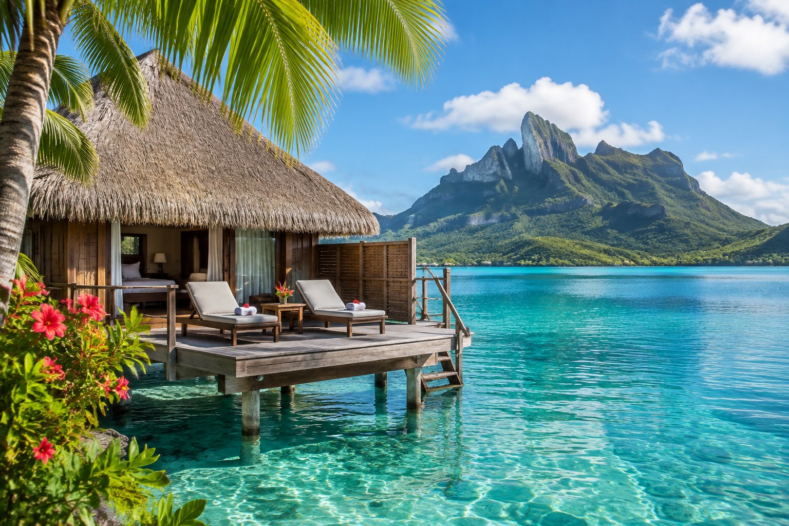 A luxury overwater bungalow overlooking a turquoise lagoon and green mountains in Bora Bora.