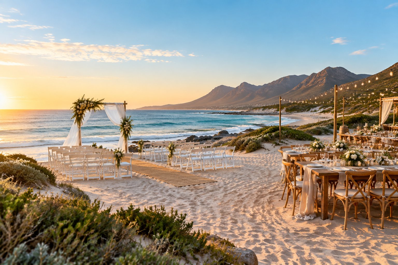 An elegant wedding ceremony setup on a sandy South African beach overlooking the ocean.