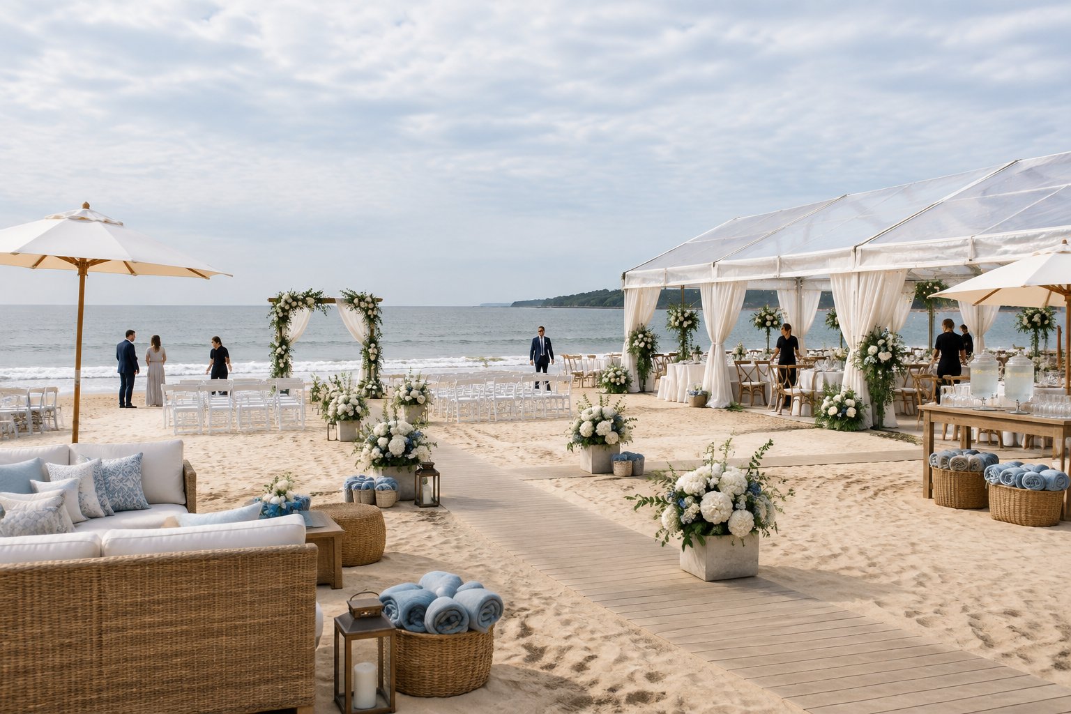 A thoughtfully arranged beach wedding venue with guest seating, weather protection, and comfort amenities beside the ocean.