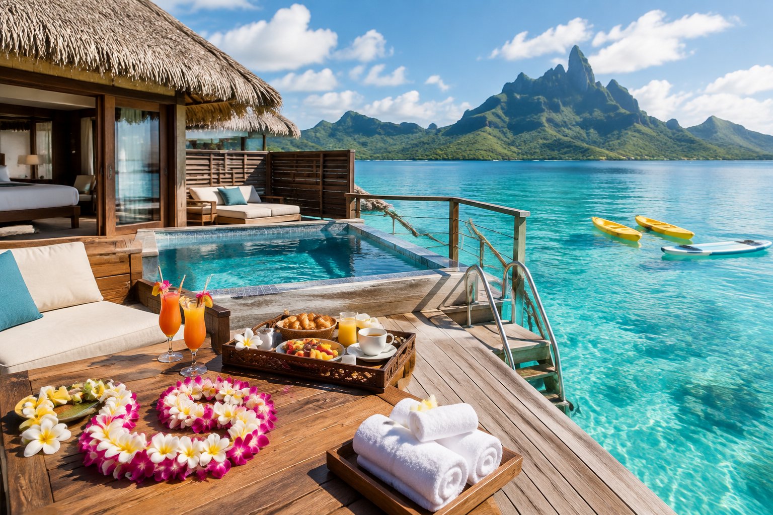 A luxury overwater bungalow in Bora Bora with a romantic welcome arrangement on its private deck.