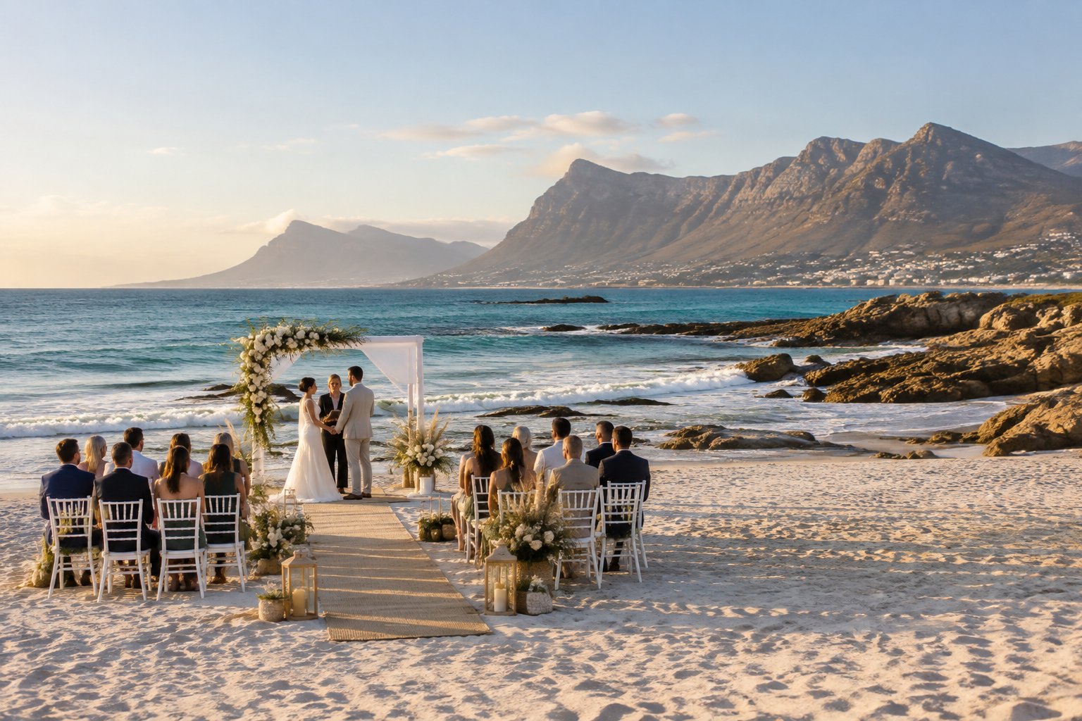 An elegant wedding ceremony setup on a sandy beach with ocean water and mountains in the background.