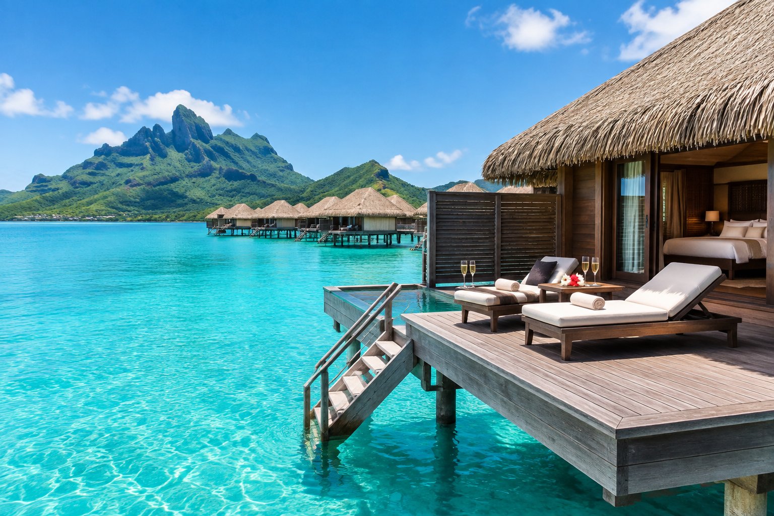 A luxurious overwater bungalow with a private deck overlooking the turquoise Bora Bora lagoon and green mountains.