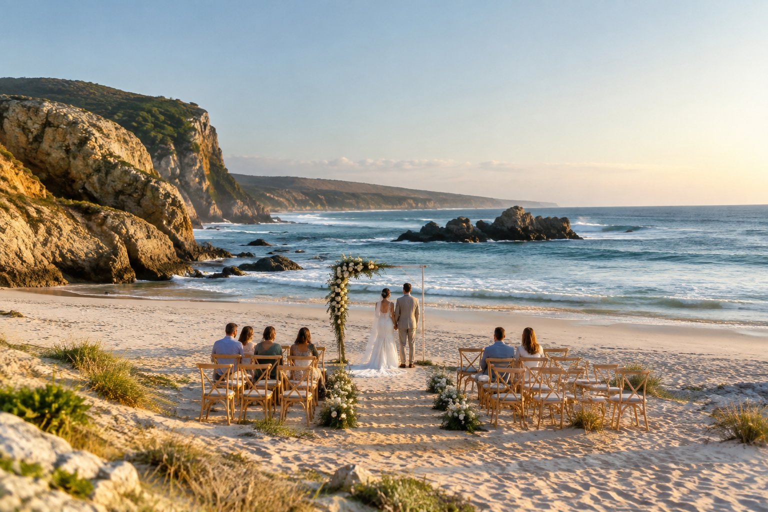 An elegant beach wedding ceremony beside the ocean, framed by coastal cliffs and dunes.