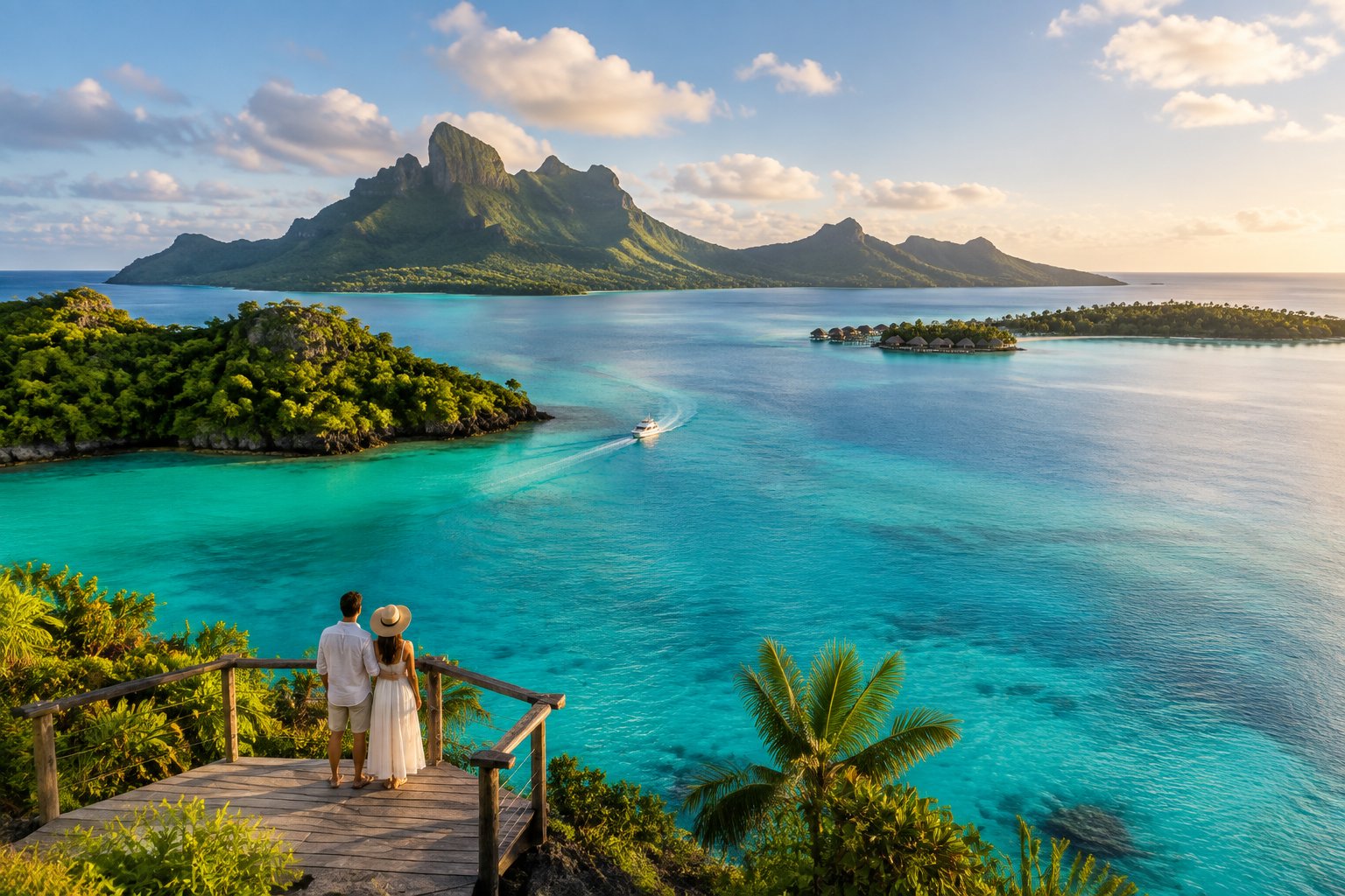 A couple looks across a turquoise lagoon toward several lush tropical islands, with a small boat traveling between them.