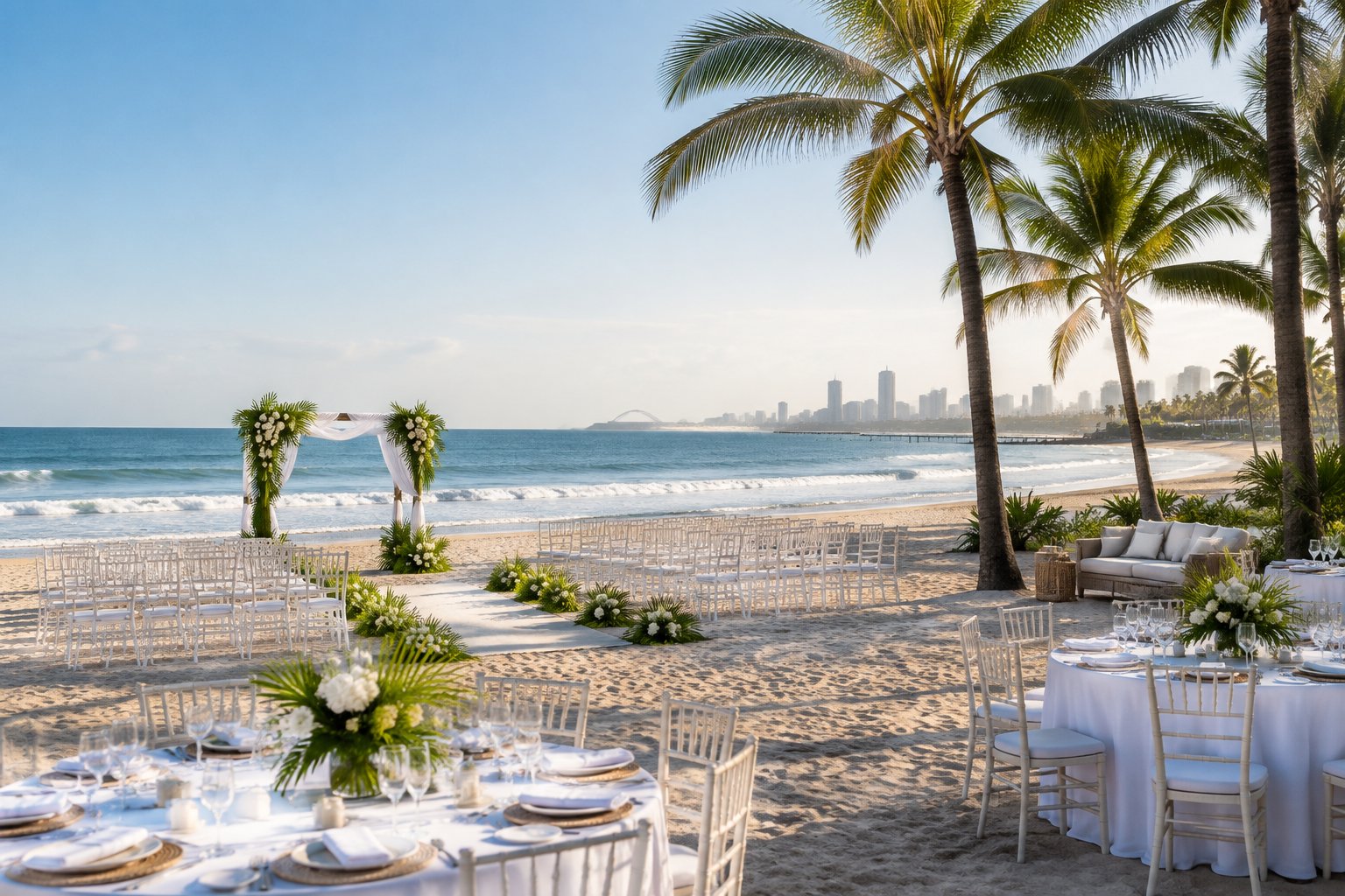 Elegant wedding ceremony and reception setup on a sandy Durban beach beside the ocean.