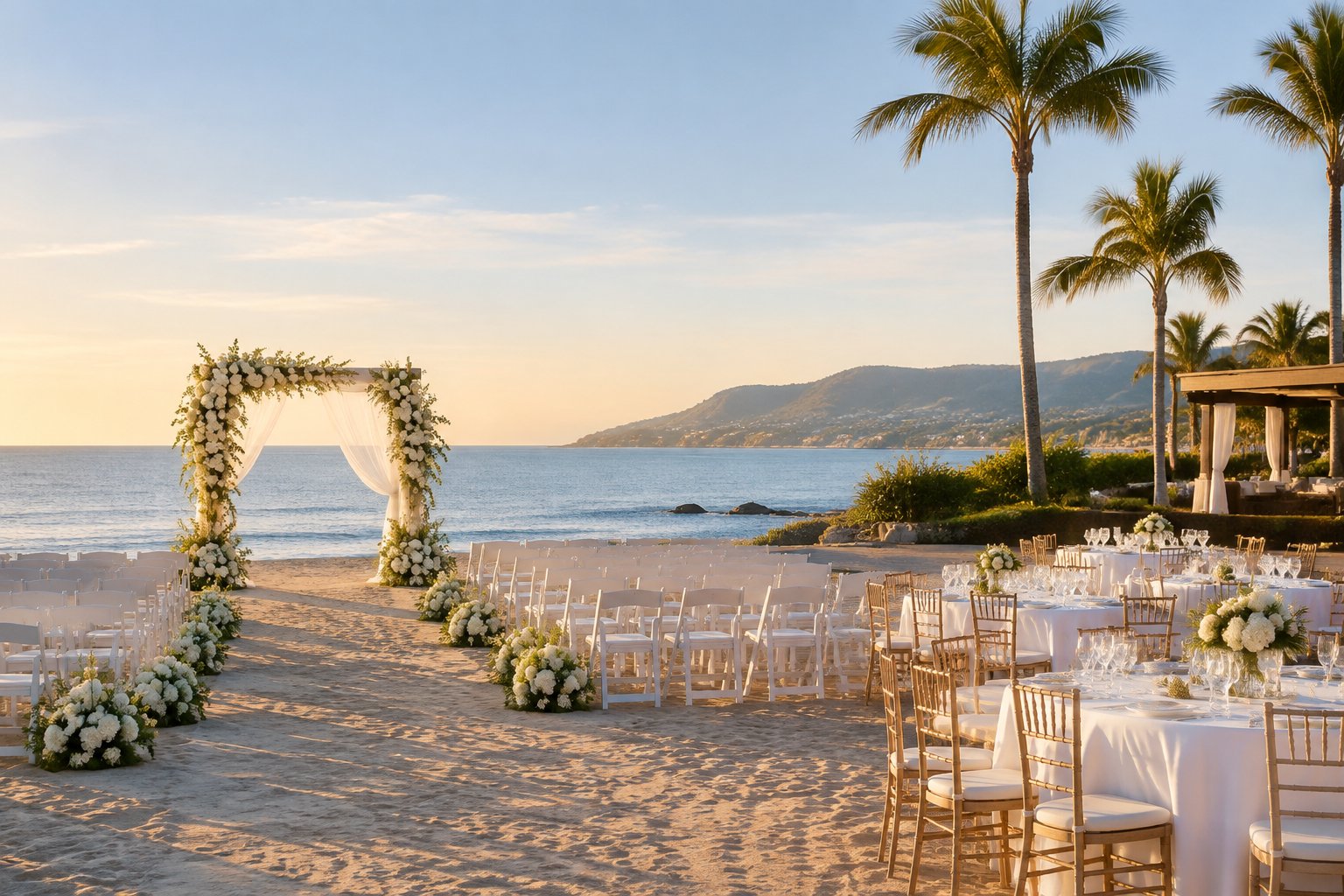An elegant beach wedding ceremony setup with white chairs, floral decorations, and a reception area beside the ocean.