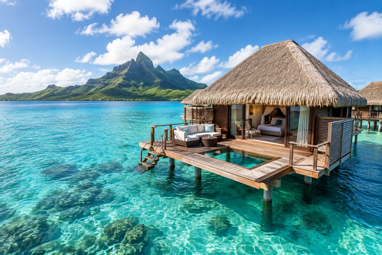 An overwater bungalow with a glass floor overlooks a clear turquoise lagoon, with tropical mountains in the background.