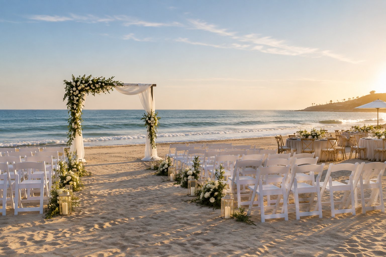 An elegant wedding ceremony setup on a sunny Southern California beach with white chairs, a floral arch, and the ocean in the background.