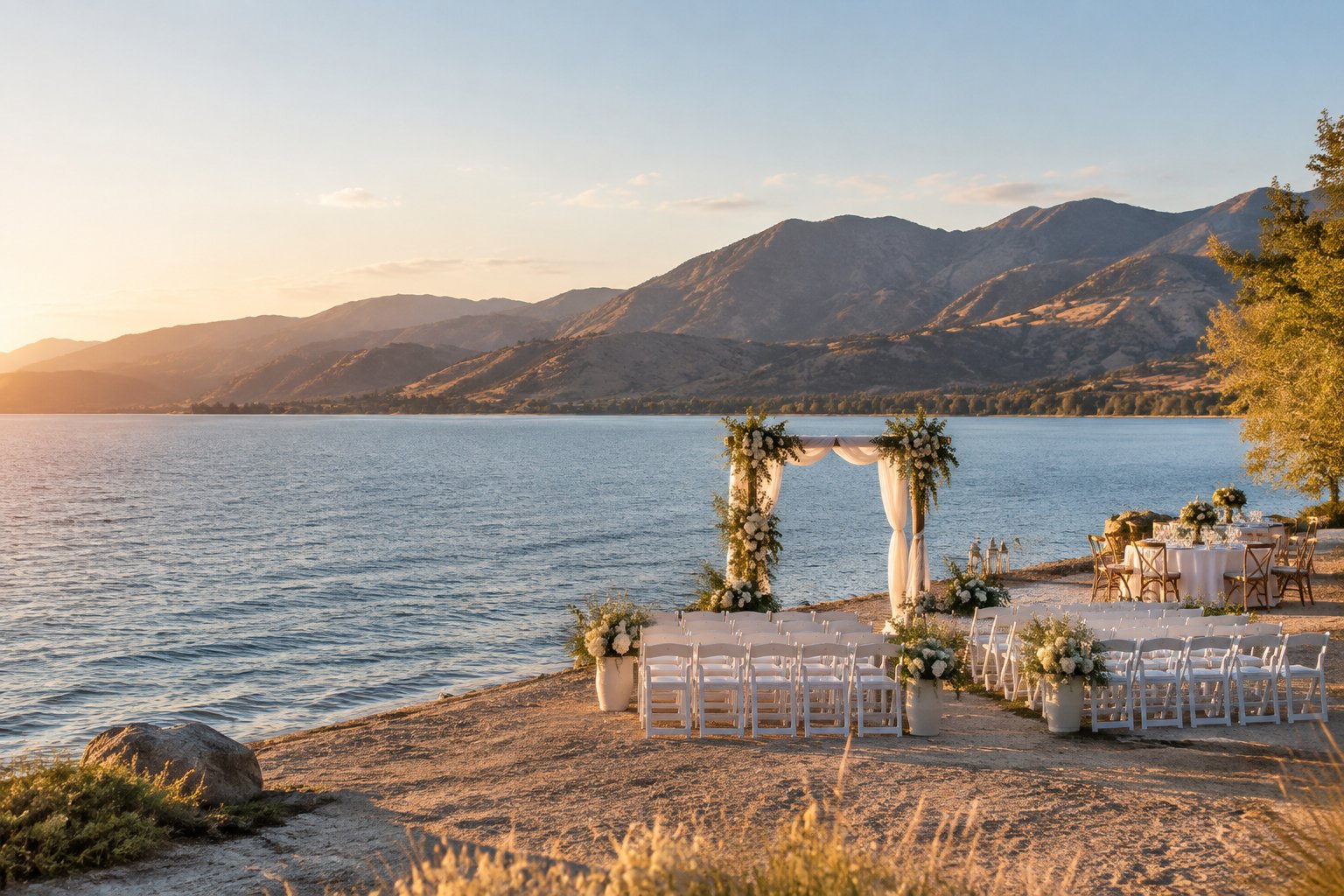 A lakeside wedding ceremony setup with mountains in the background.