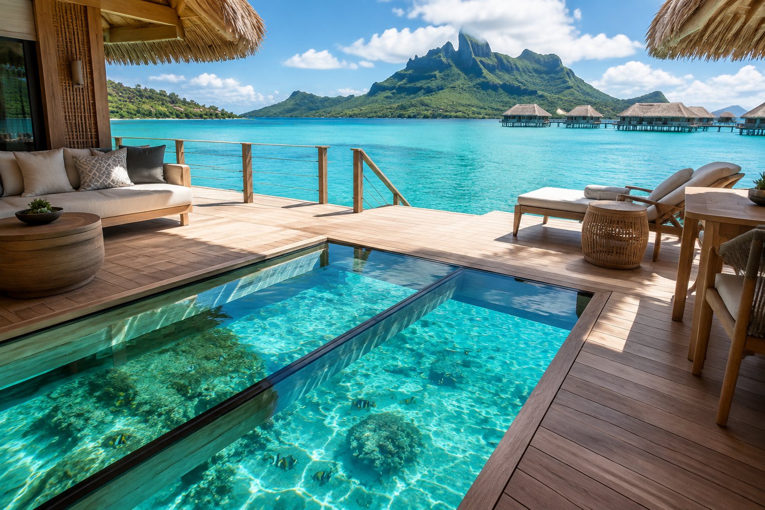 A luxurious Bora Bora overwater bungalow with a glass floor overlooking clear turquoise water, fish, coral, and tropical mountains.