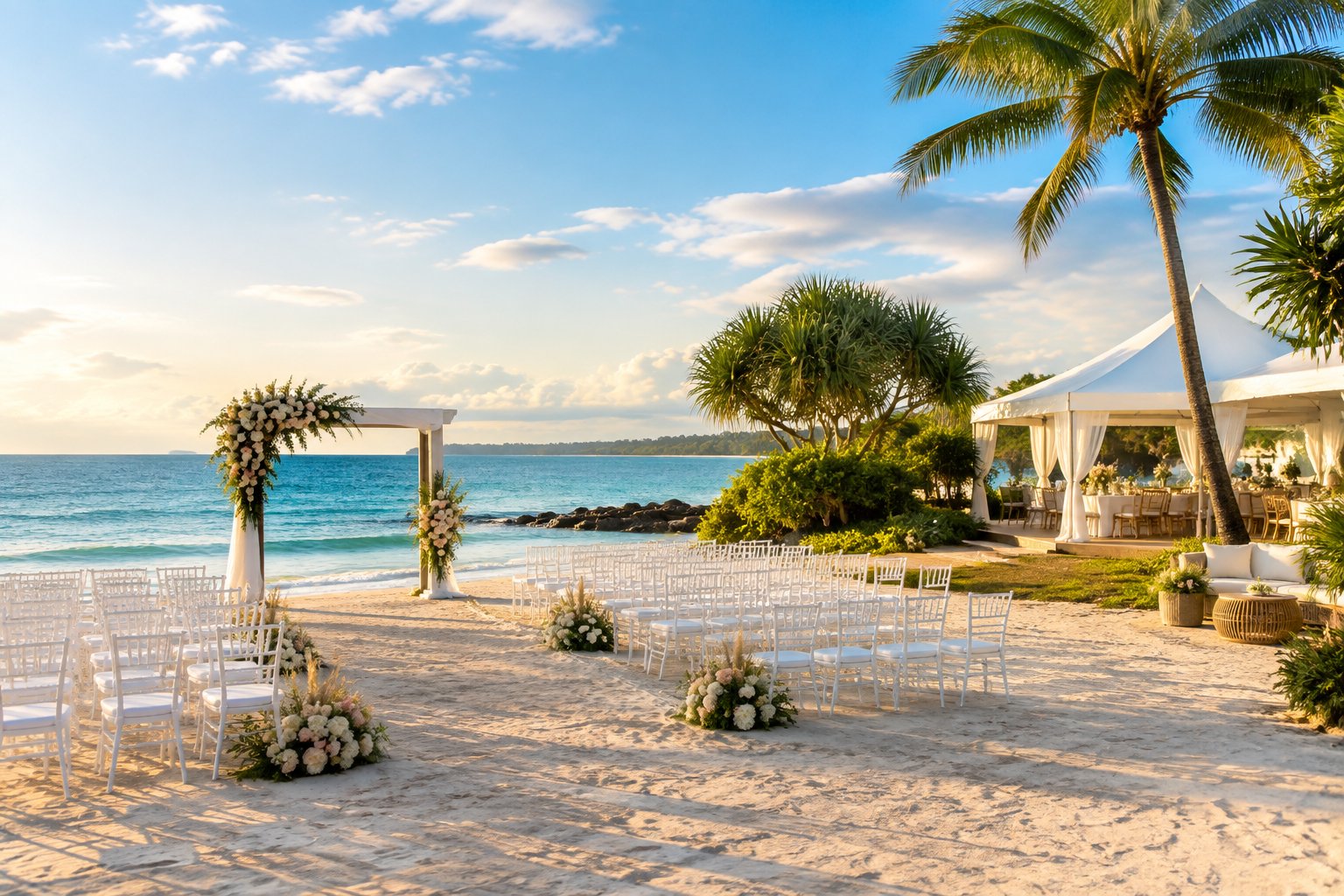 A decorated beachfront wedding ceremony setup beside a sunny turquoise ocean.