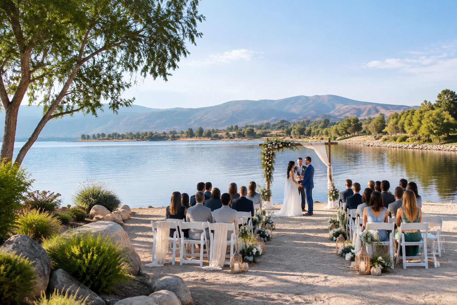 An outdoor wedding ceremony beside a calm lake with a floral arch, white chairs, and guests near the shoreline.