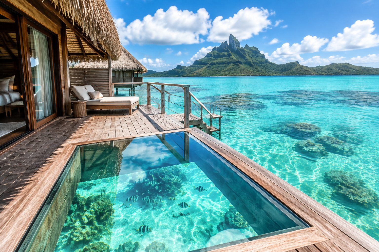 A Bora Bora overwater bungalow with a glass floor overlooking clear turquoise water and tropical fish.