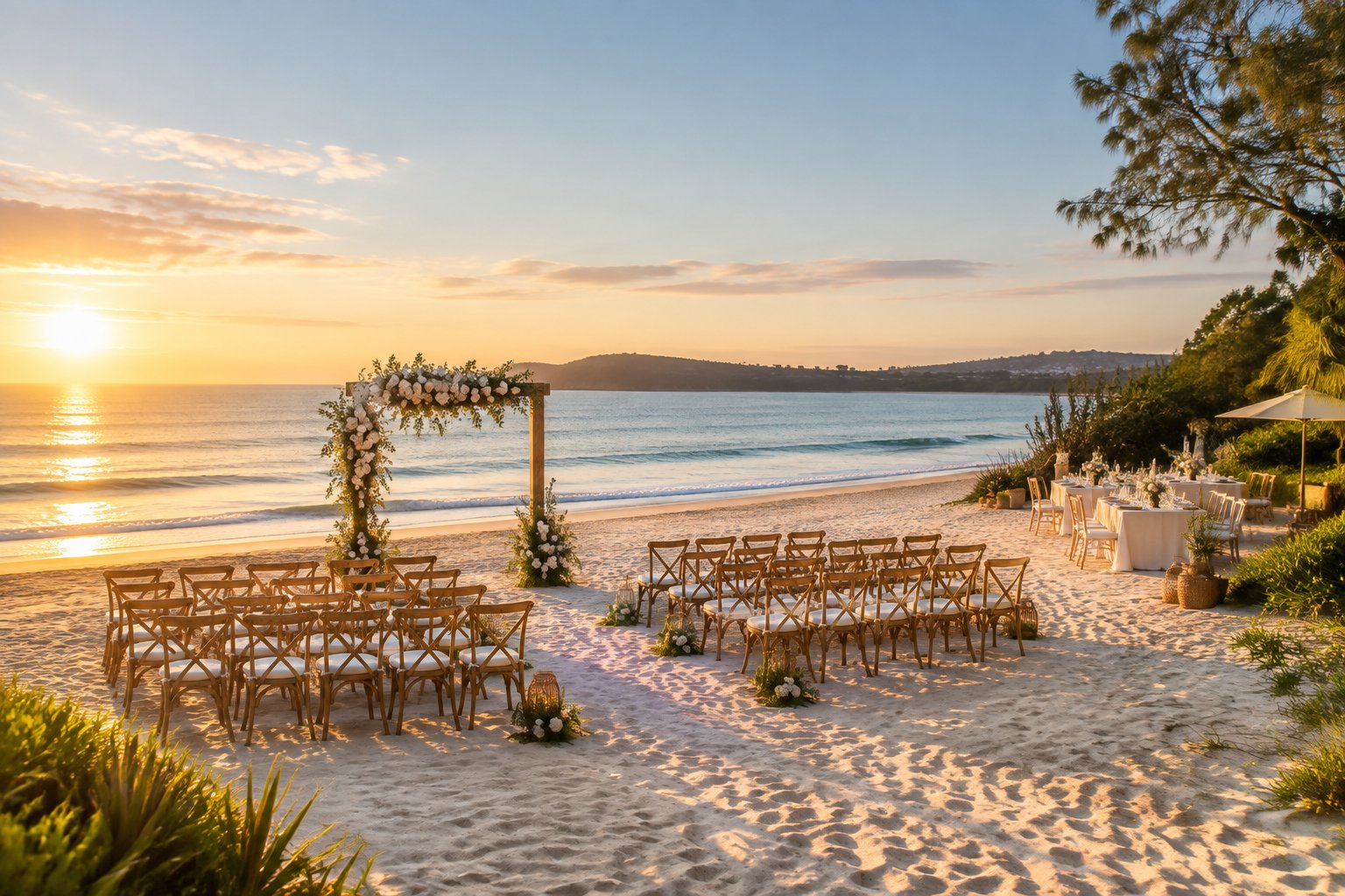 A beach wedding ceremony setup on a sunny coastal shoreline with floral decorations, chairs, turquoise water, and a distant headland.