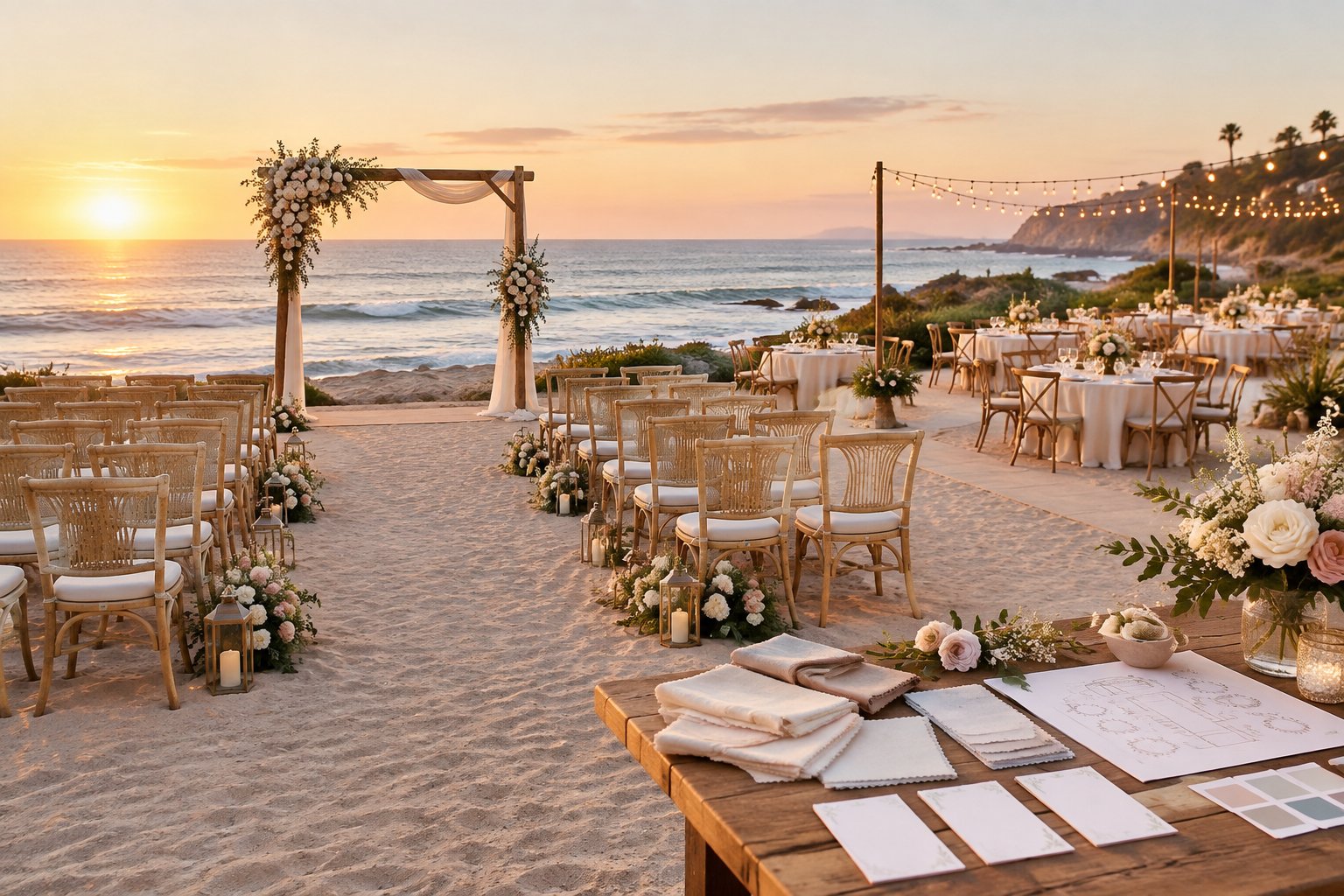 A beach wedding ceremony and reception setup with an ocean view, floral arch, guest chairs, and decorated dining tables.