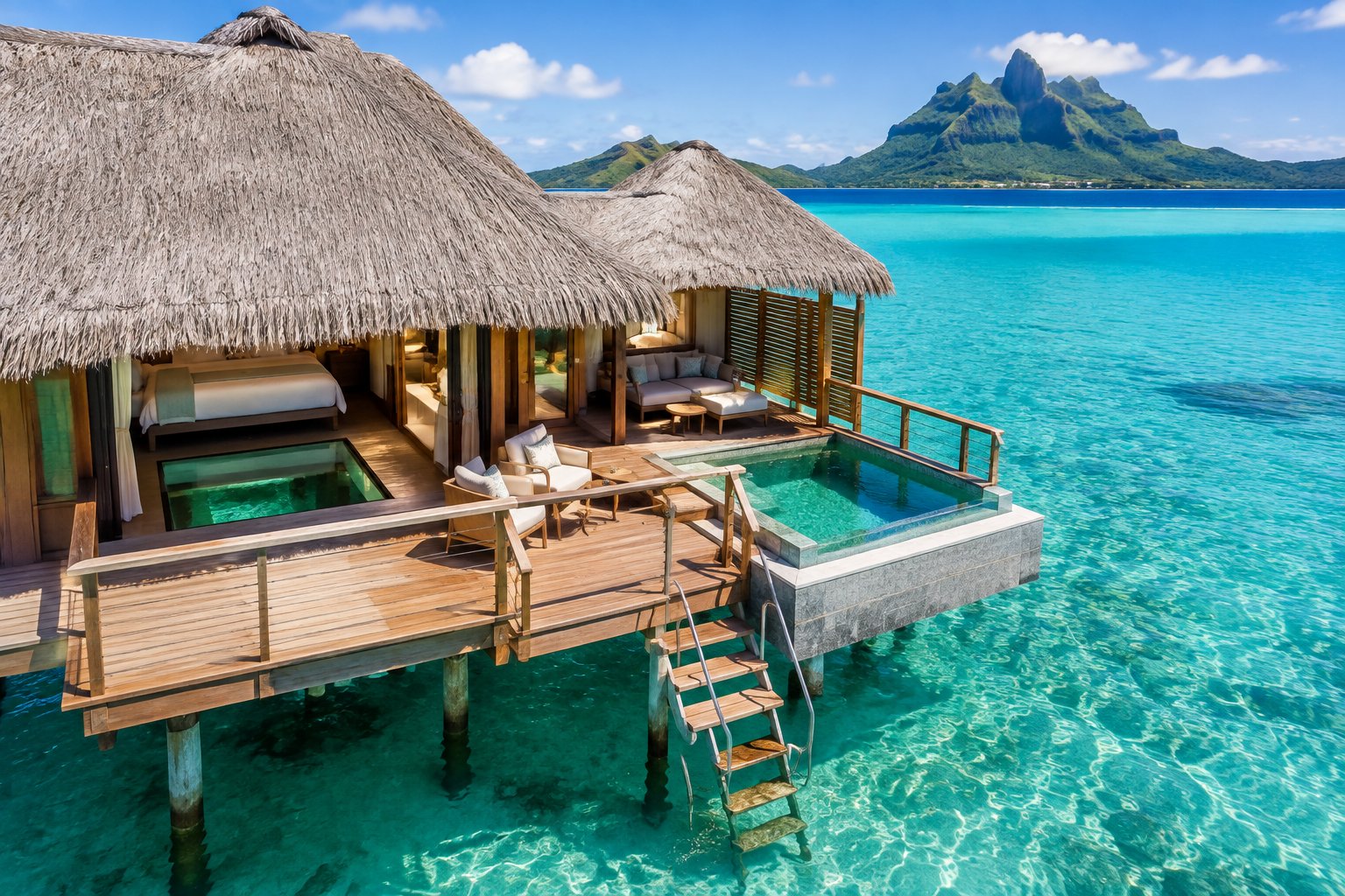 Luxury Bora Bora overwater bungalow with a glass floor, private deck, turquoise lagoon, and mountain backdrop.