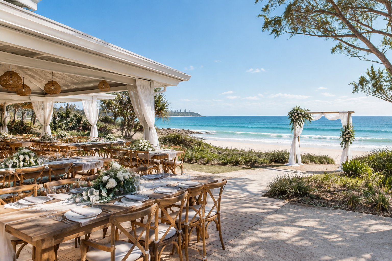 Elegant oceanfront wedding venue beside a sandy beach with coastal greenery and turquoise water.