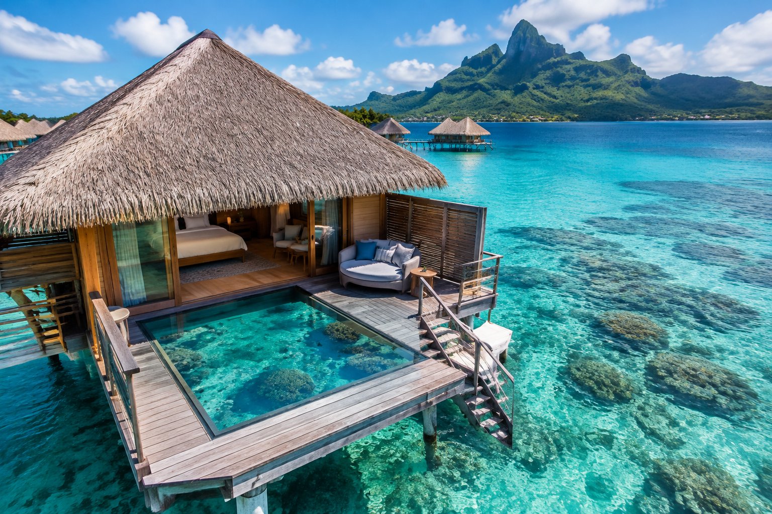 A luxury Bora Bora overwater bungalow with a glass floor above a clear turquoise lagoon.