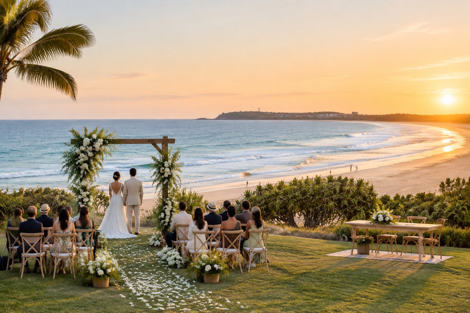 An elegant beach wedding ceremony overlooking the ocean on Queensland’s Sunshine Coast.