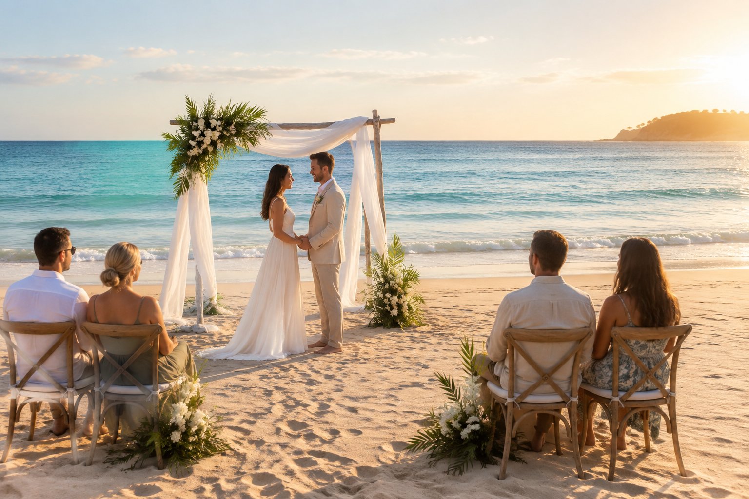 A couple celebrates an intimate beach wedding with a few guests on a sunny sandy shoreline.