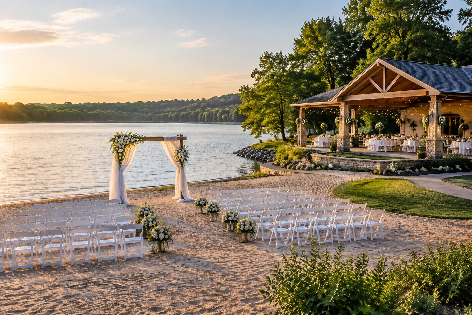 An elegant lakeside wedding venue with a white floral arbor, rows of chairs, sandy shore, and calm water.