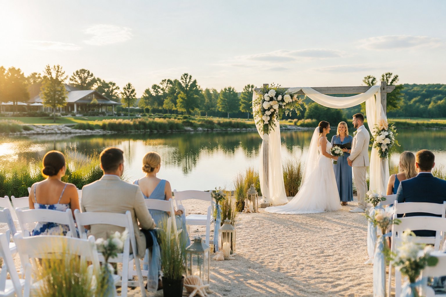 A beach-inspired outdoor wedding ceremony beside a tranquil lake near Zanesville.