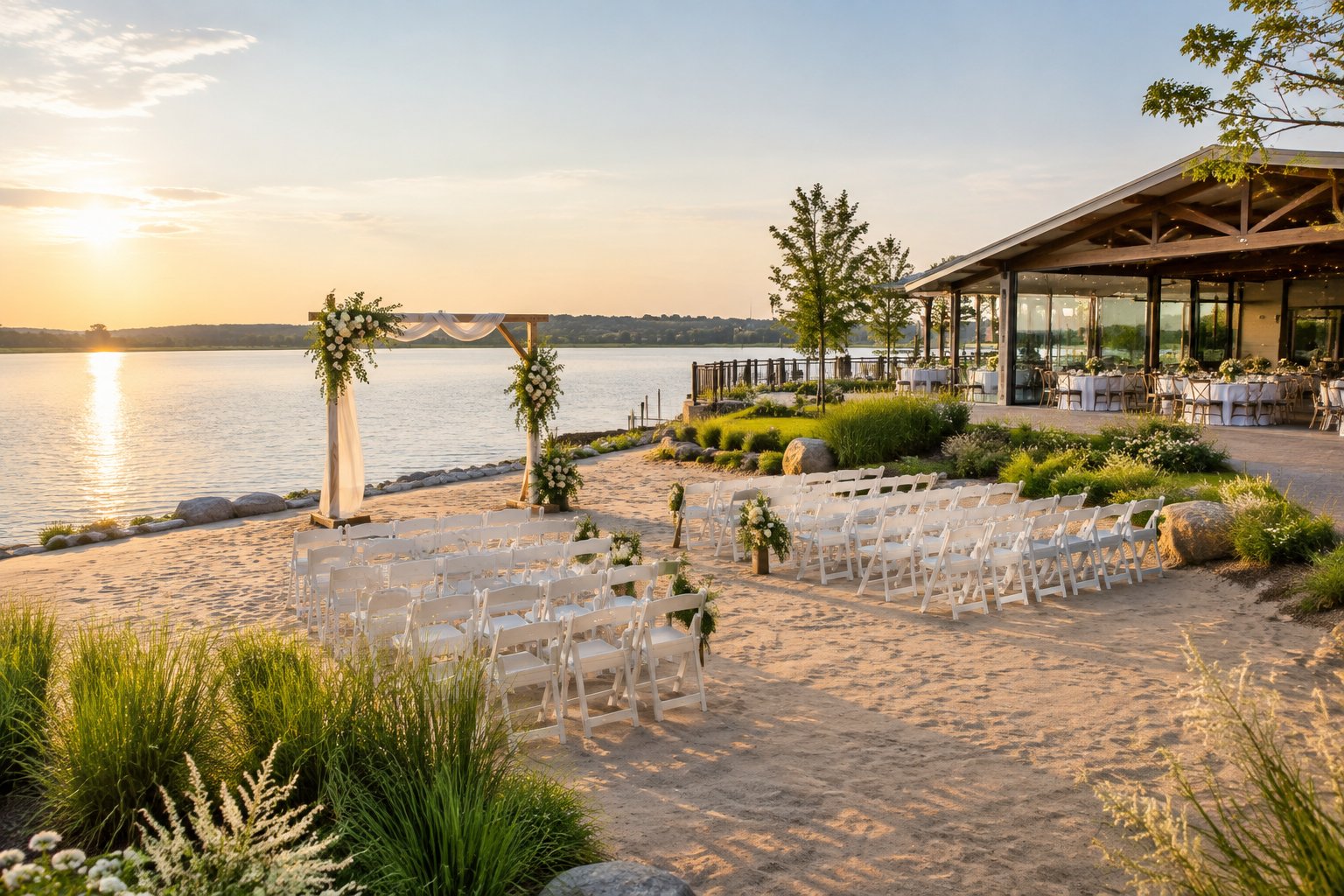 A decorated outdoor wedding ceremony beside calm water with a sandy shoreline and a covered event space nearby.