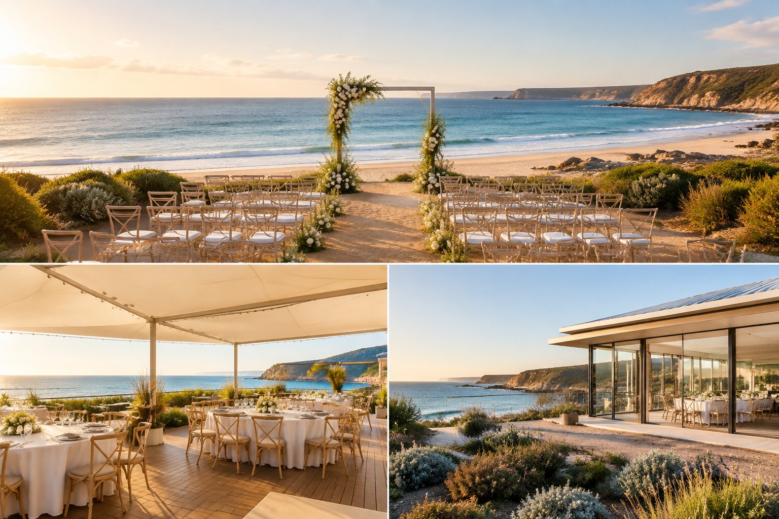 An elegant outdoor wedding venue arranged on a sandy Victorian beach beside the ocean.