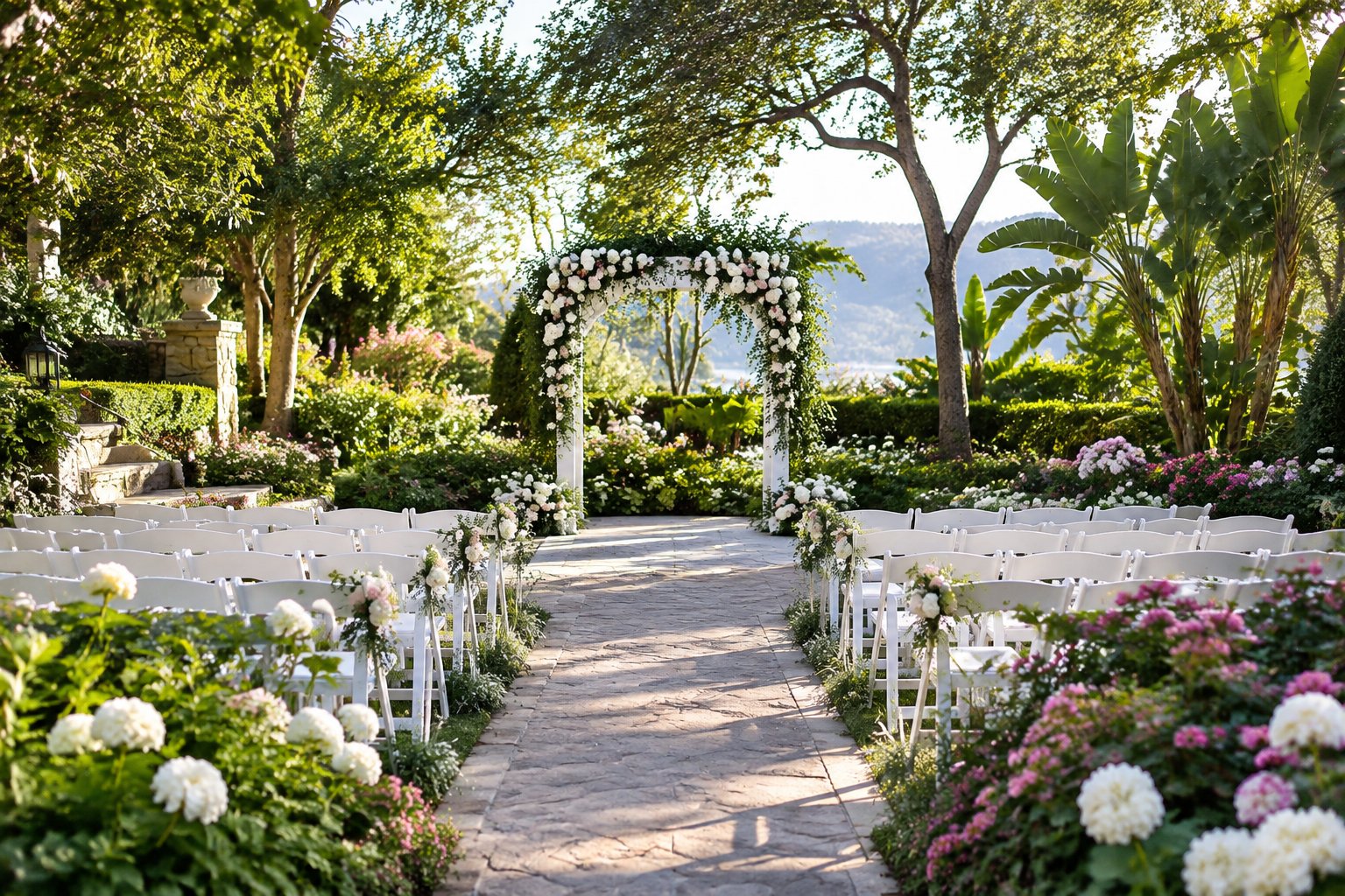 An elegant wedding ceremony setup surrounded by lush plants and flowers in a botanical garden.