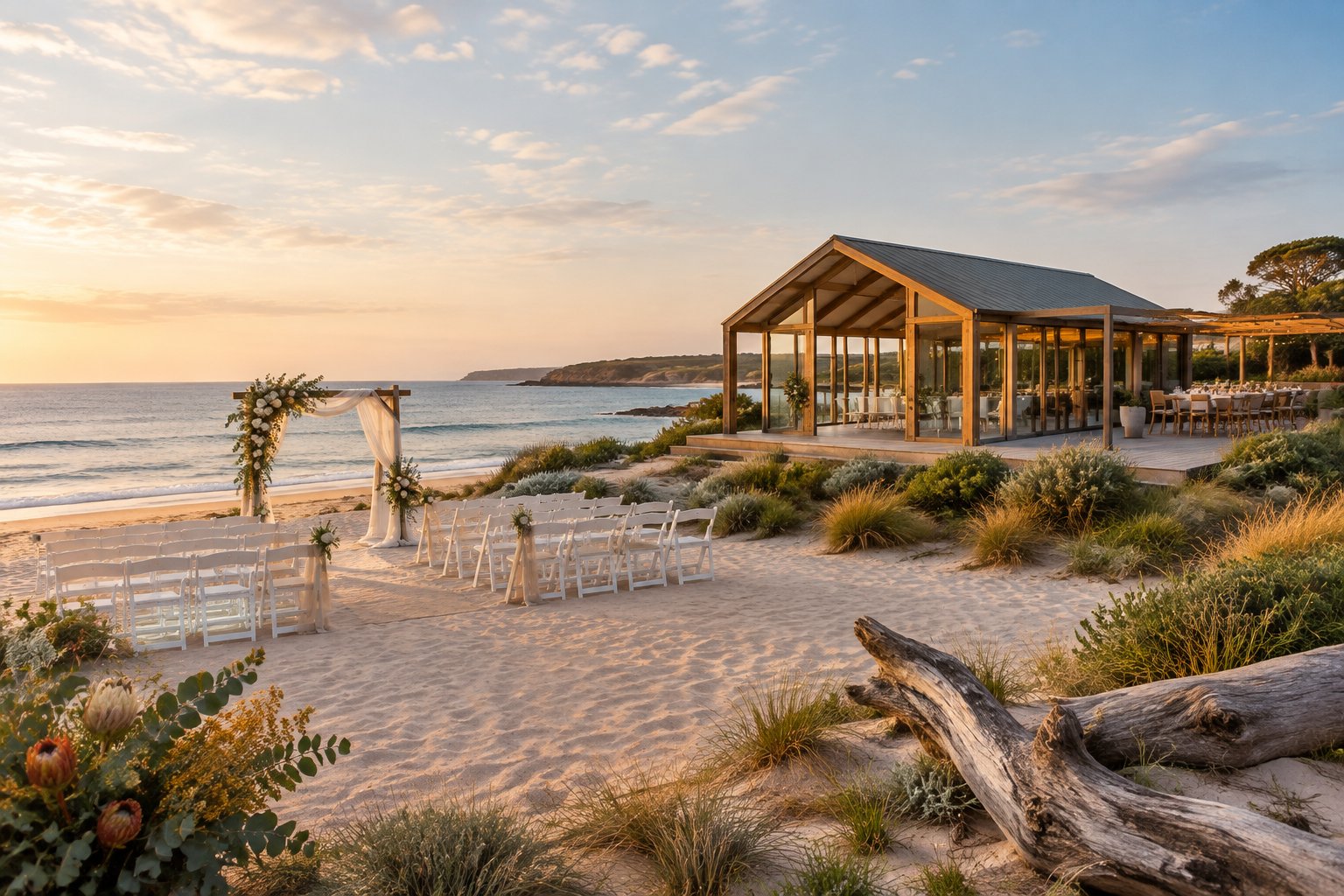A beach wedding venue with white chairs, floral décor, and a waterfront pavilion beside a calm ocean.