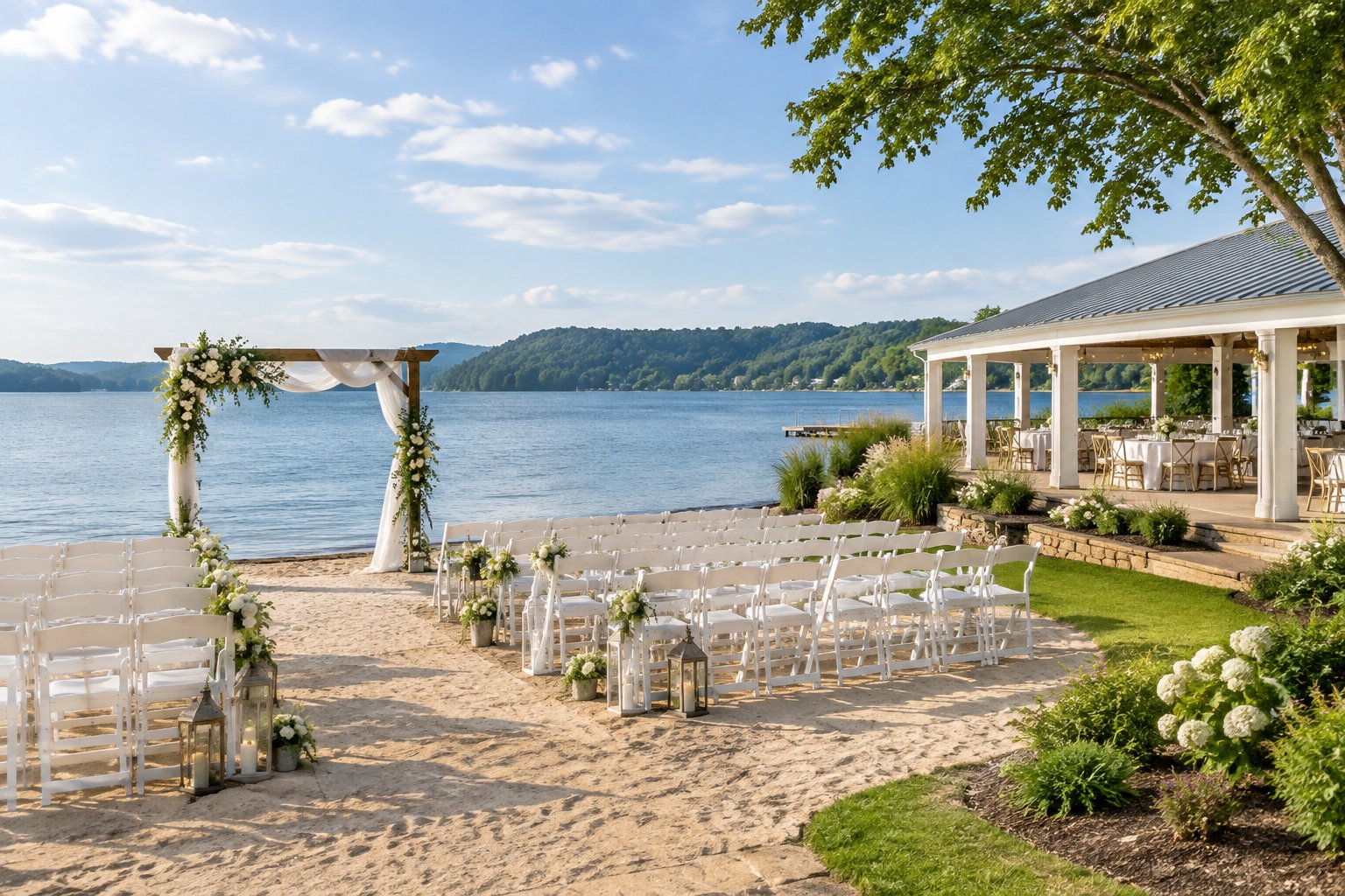 A lakeside wedding ceremony setup with white chairs, a floral arch, sandy shore, and calm blue water.