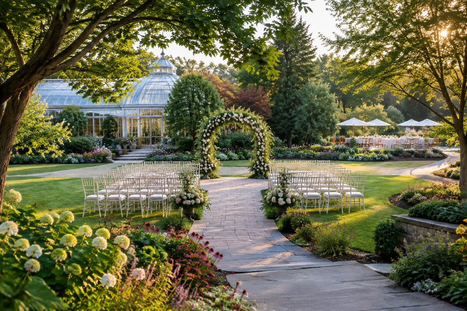 An elegant wedding ceremony setup in a lush botanical garden with floral arches, white chairs, flower beds, and shaded pathways.