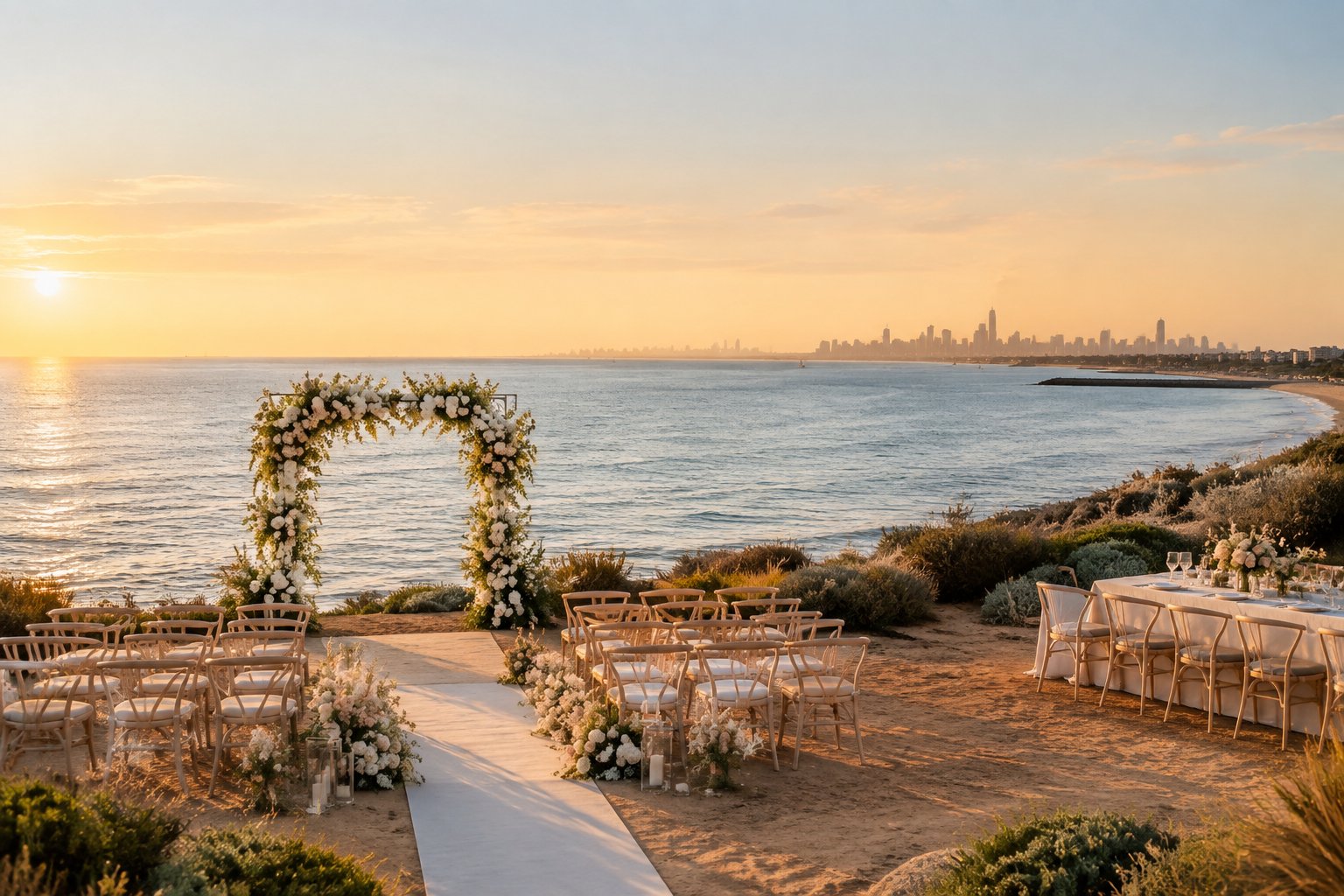 Elegant outdoor wedding ceremony setup on a Melbourne bayside beach at sunset.