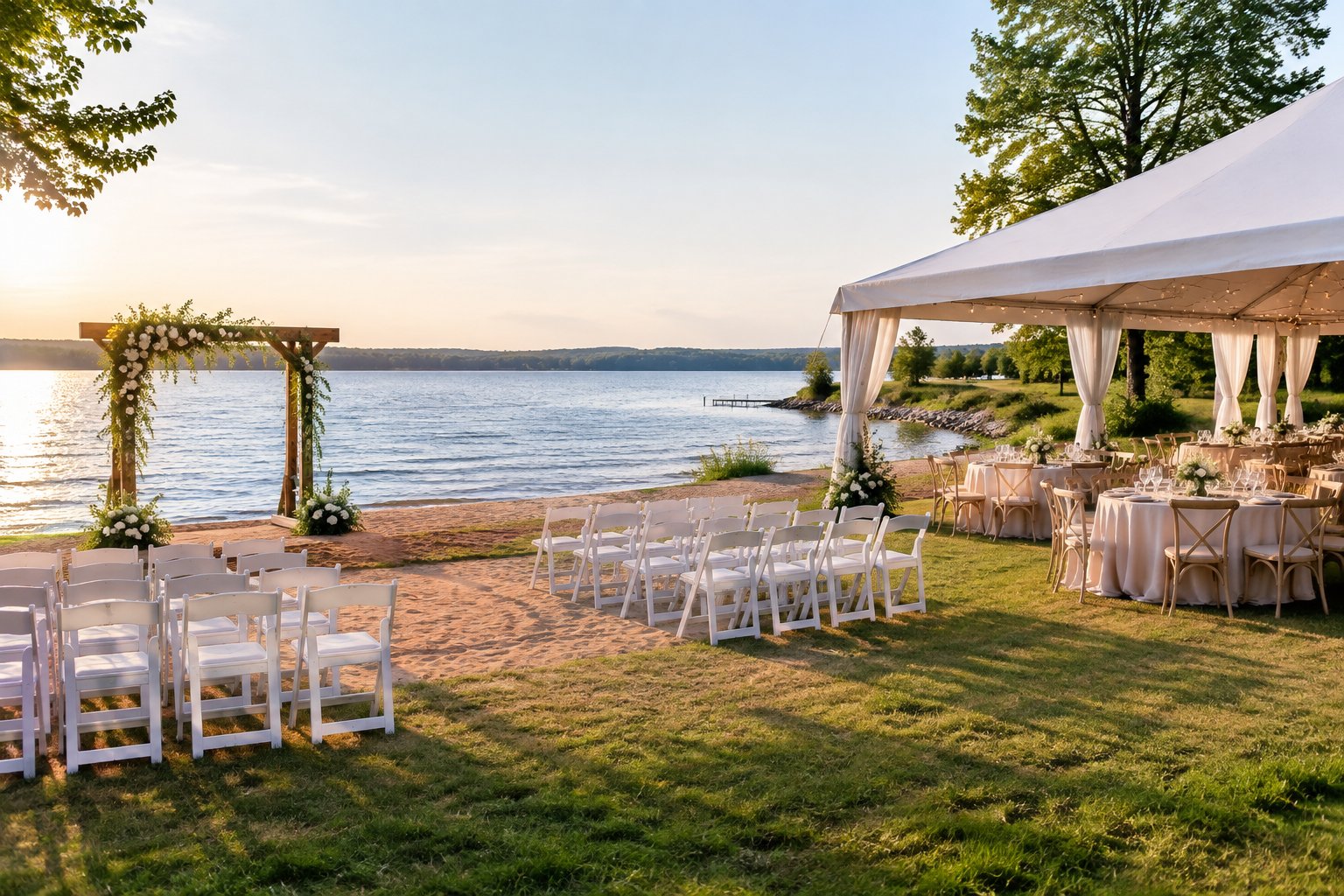 A lakeside wedding ceremony and reception setup with white chairs, a floral arbor, and decorated tables beside calm water.