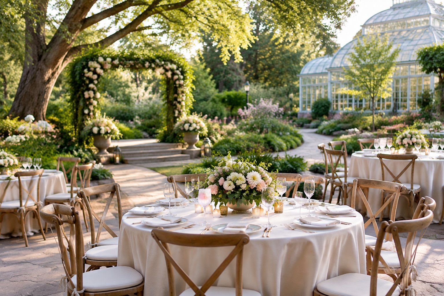 An elegant wedding reception arranged among flowering plants and trees in a botanical garden.