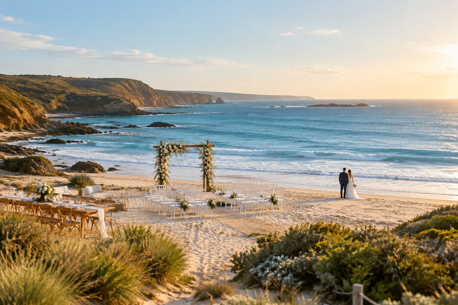 An elegant beach wedding ceremony beside the Victorian coast, with white chairs, a floral arch, and the ocean in the background.