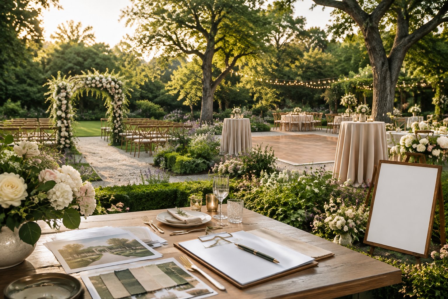 A planned wedding ceremony, cocktail hour, and reception arranged in a lush botanical garden.