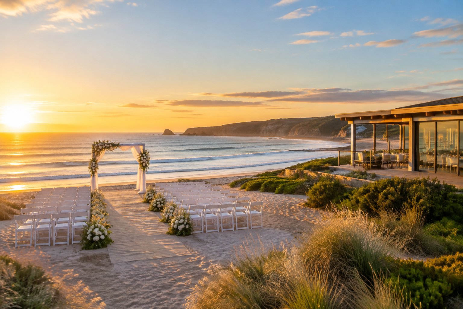 Elegant wedding ceremony setup on a sandy Victorian beach beside a coastal reception venue.