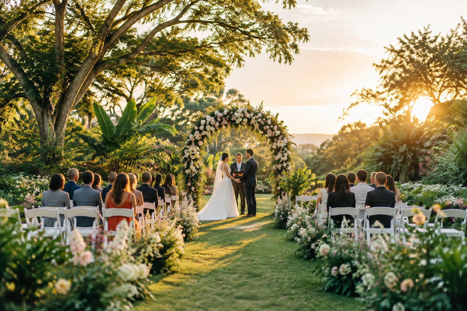 An outdoor wedding ceremony set among blooming plants and trees in a botanical garden at golden hour.