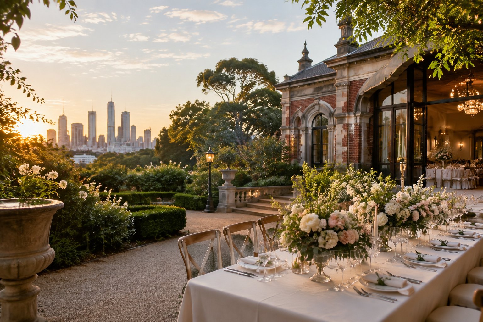 An elegant boutique wedding venue with landscaped gardens, heritage architecture, and a beautifully decorated reception table.
